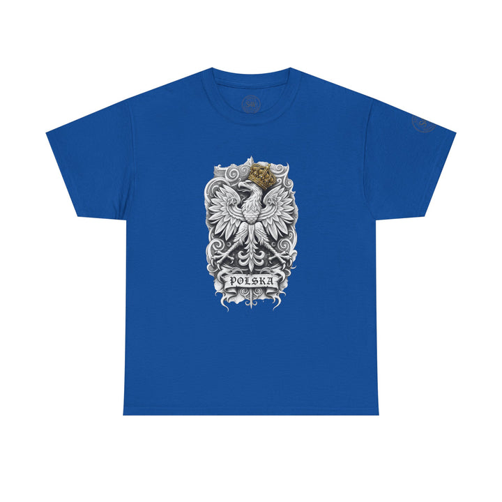 Blue t-shirt by S&amp;W Gallus featuring the Polish White Eagle emblem with golden crown and "POLSKA" banner.