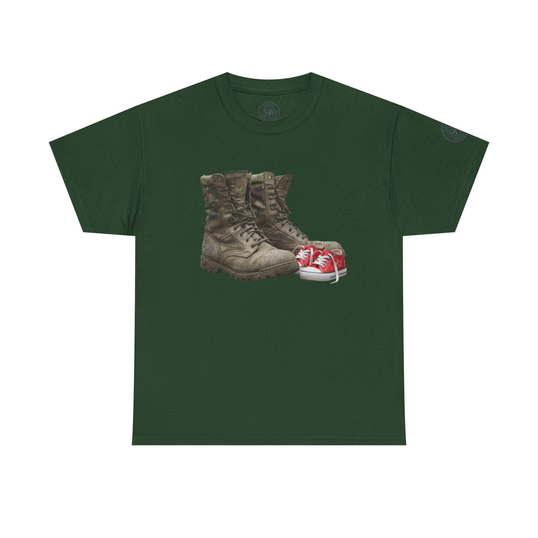 Green tee shirt by S&amp;W Gallus displaying a pair of military boots and baby shoes.