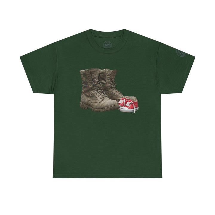 Green tee shirt by S&amp;W Gallus displaying a pair of military boots and baby shoes.