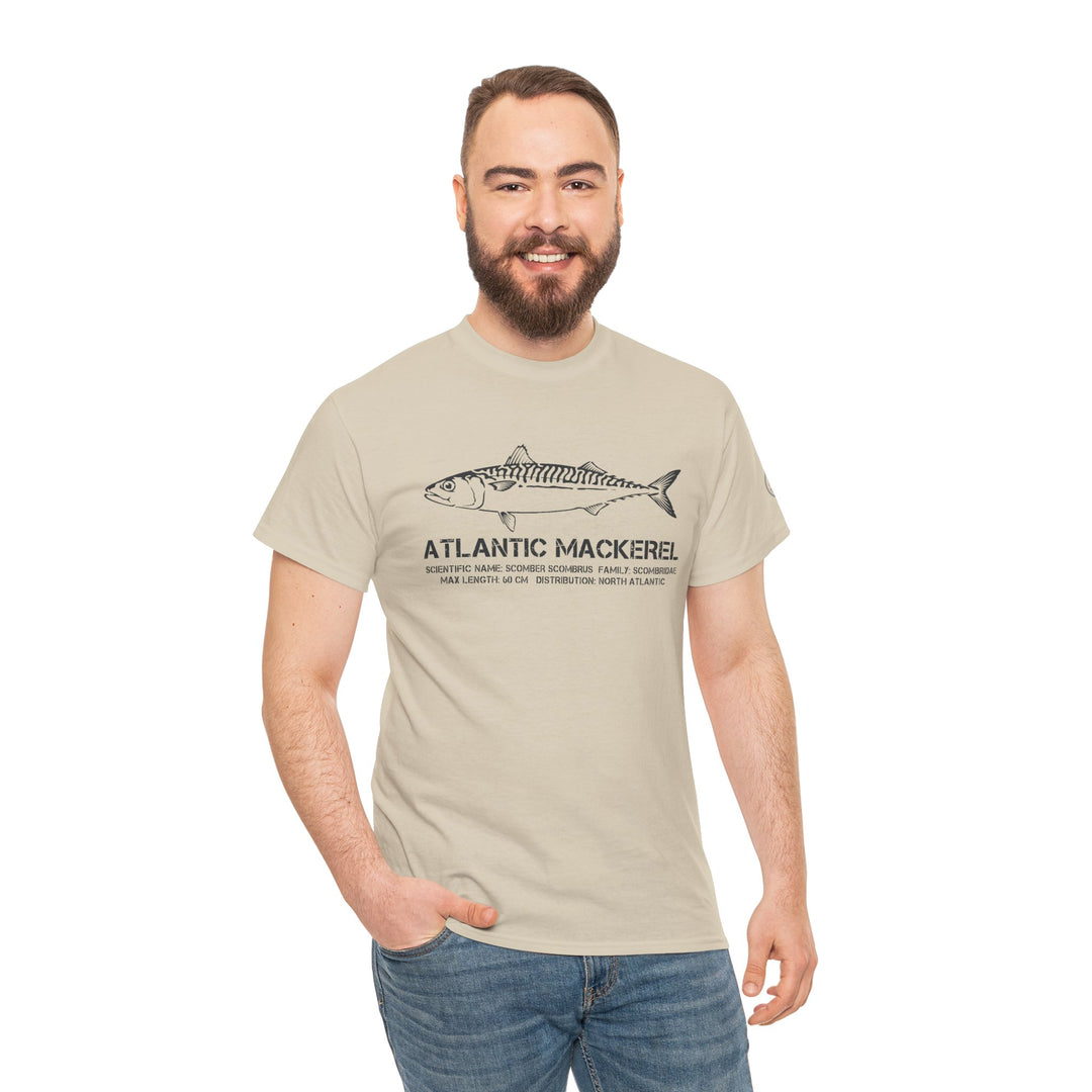 Beige Atlantic Mackerel T-shirt from S&amp;W Gallus, featuring a fish diagram and text, styled with jeans.