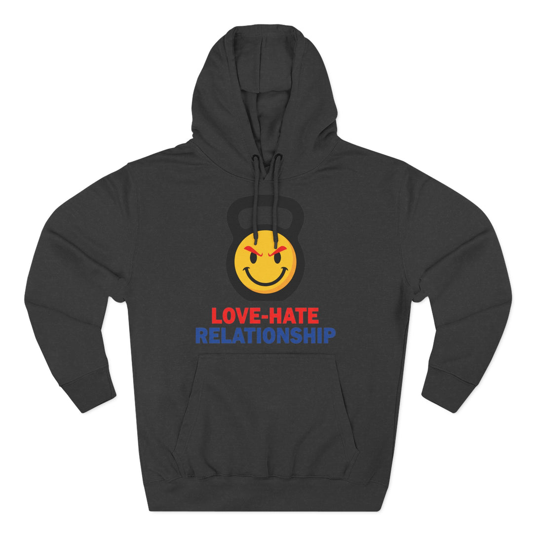 Charcoal grey hoodie by S&amp;W Gallus featuring a kettlebell and "love-hate relationship" text.