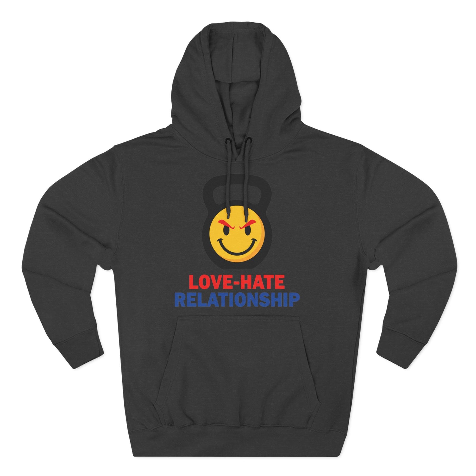 Charcoal grey hoodie by S&W Gallus featuring a kettlebell and "love-hate relationship" text.