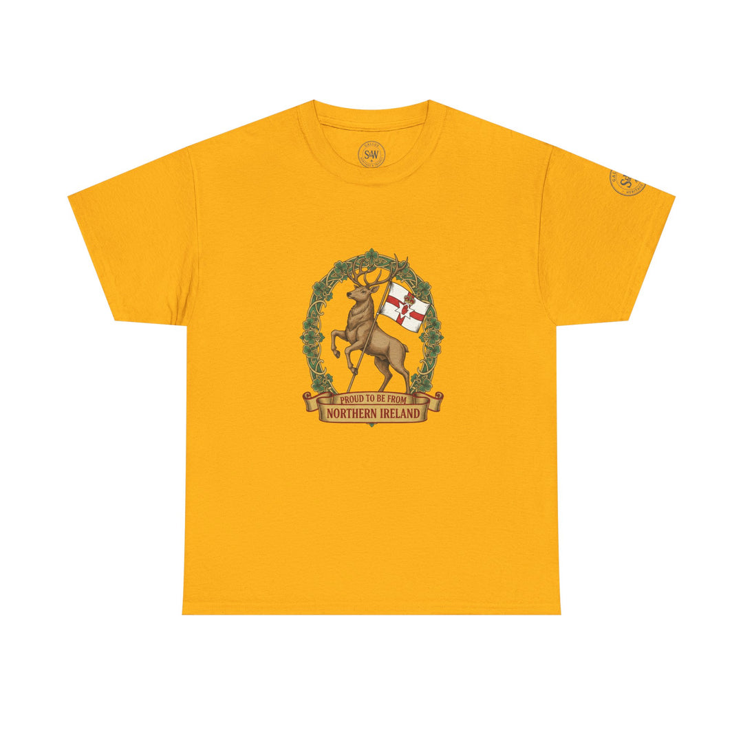 Mustard-yellow t-shirt by S&amp;W Gallus with a graphic of a stag holding the flag of Northern Ireland.
