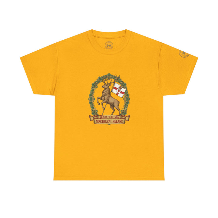 Mustard-yellow t-shirt by S&amp;W Gallus with a graphic of a stag holding the flag of Northern Ireland.
