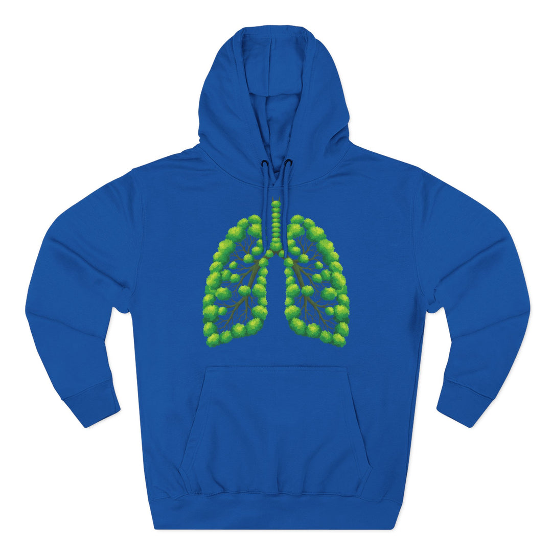 Blue hoodie by S&amp;W Gallus with a green tree lungs graphic on the chest.