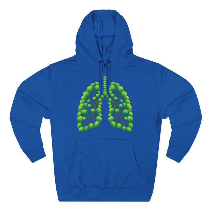 Blue hoodie by S&amp;W Gallus with a green tree lungs graphic on the chest.