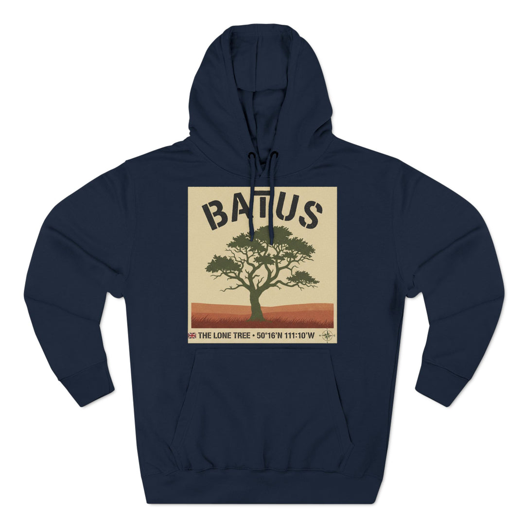 Navy blue hoodie from S&amp;W Gallus featuring a graphic of a lone tree with coordinates.