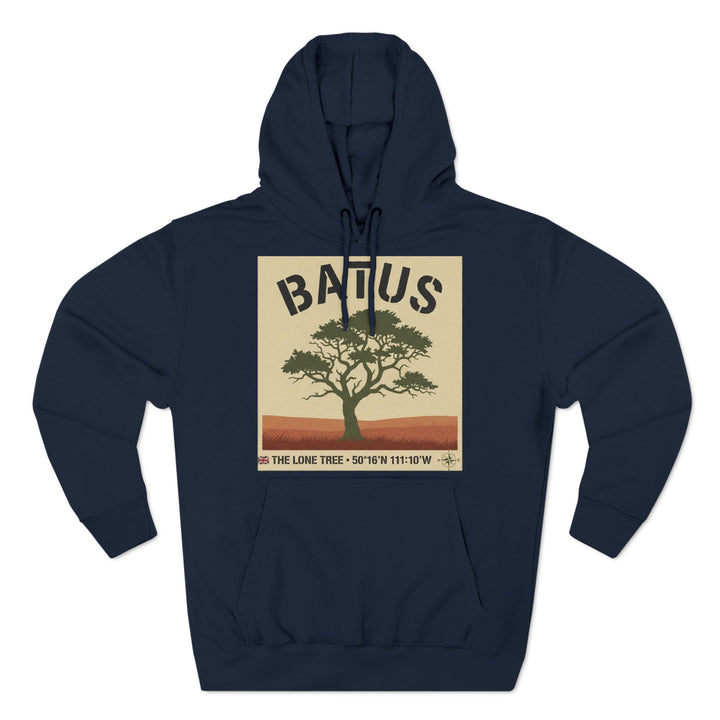 Navy blue hoodie from S&amp;W Gallus featuring a graphic of a lone tree with coordinates.