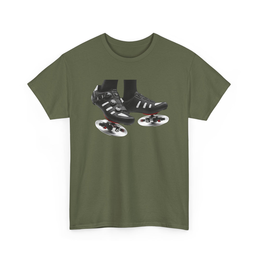 Spin Shoes Tee – soft, breathable cotton featuring a cycling shoes graphic. Perfect for spin classes, indoor workouts, and casual activewear.