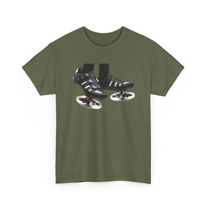 Spin Shoes Tee – soft, breathable cotton featuring a cycling shoes graphic. Perfect for spin classes, indoor workouts, and casual activewear.