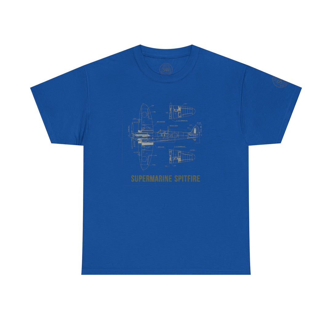 Royal blue t-shirt by S&amp;W Gallus featuring a blueprint-style illustration of the Supermarine Spitfire aircraft.