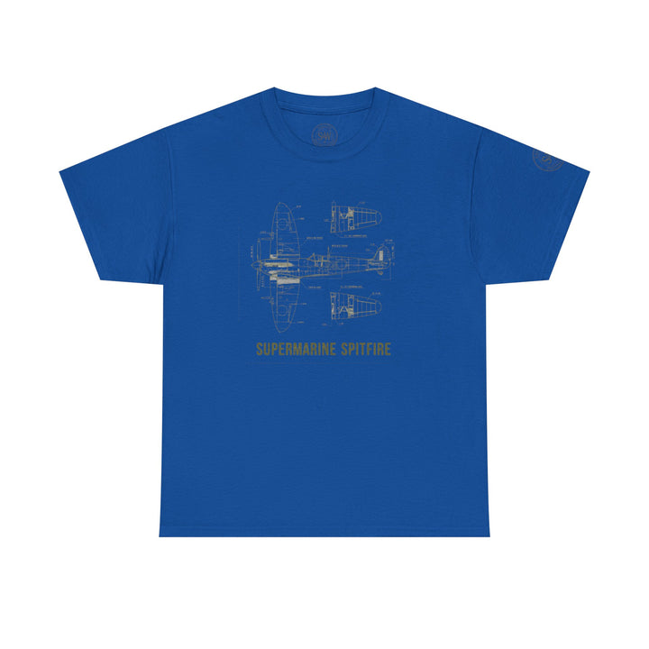 Royal blue t-shirt by S&amp;W Gallus featuring a blueprint-style illustration of the Supermarine Spitfire aircraft.