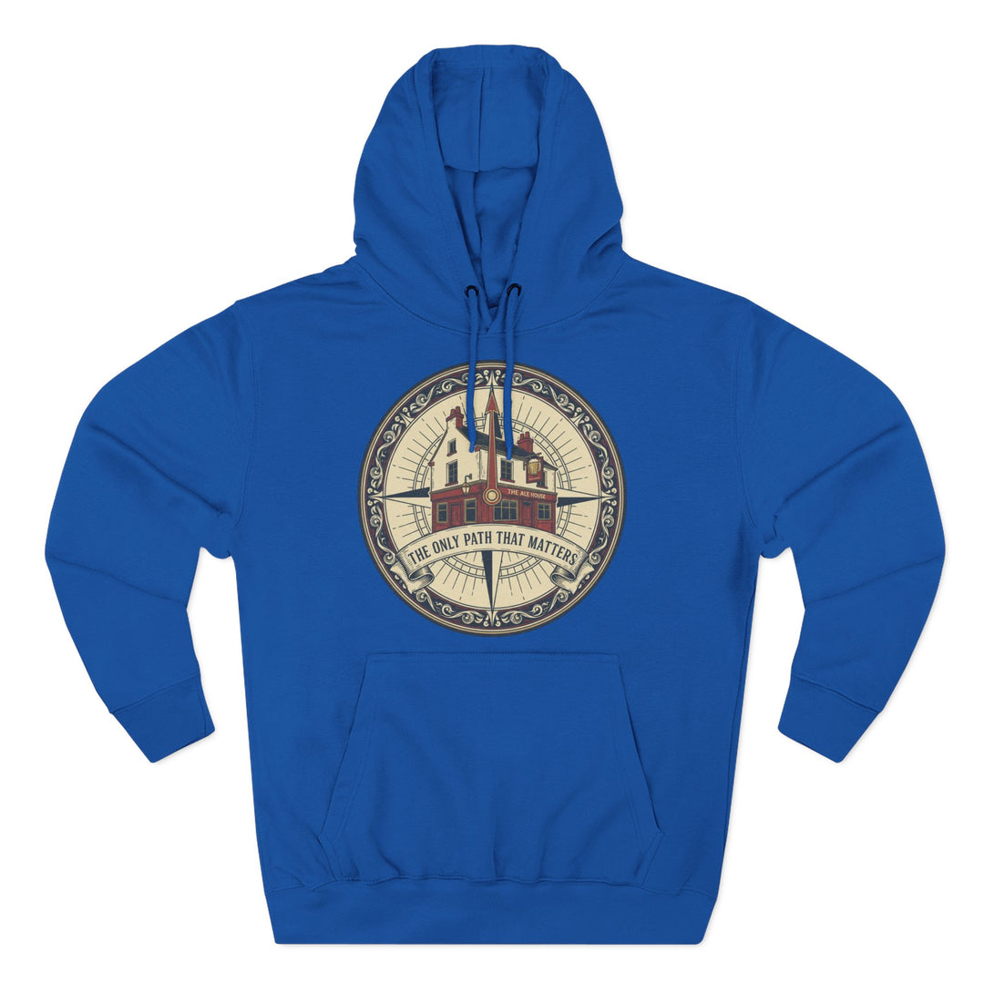 Blue hoodie by S&amp;W Gallus featuring a compass graphic and kangaroo pocket.