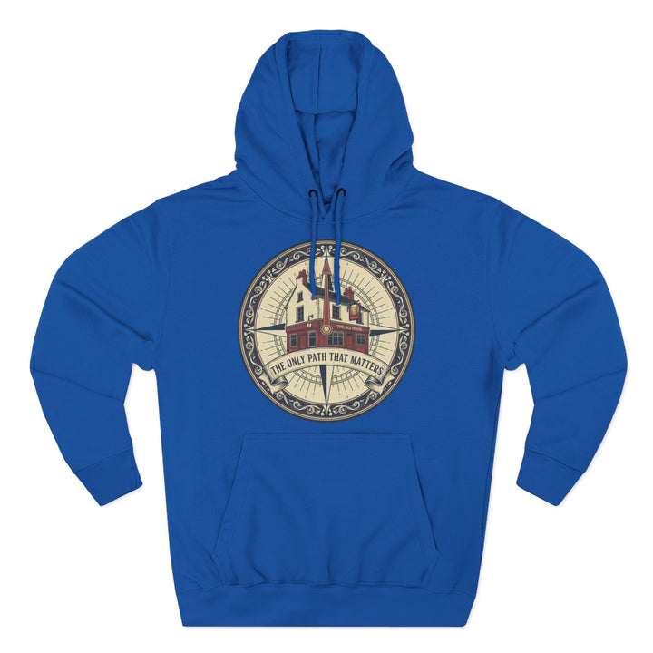 Blue hoodie by S&amp;W Gallus featuring a compass graphic and kangaroo pocket.