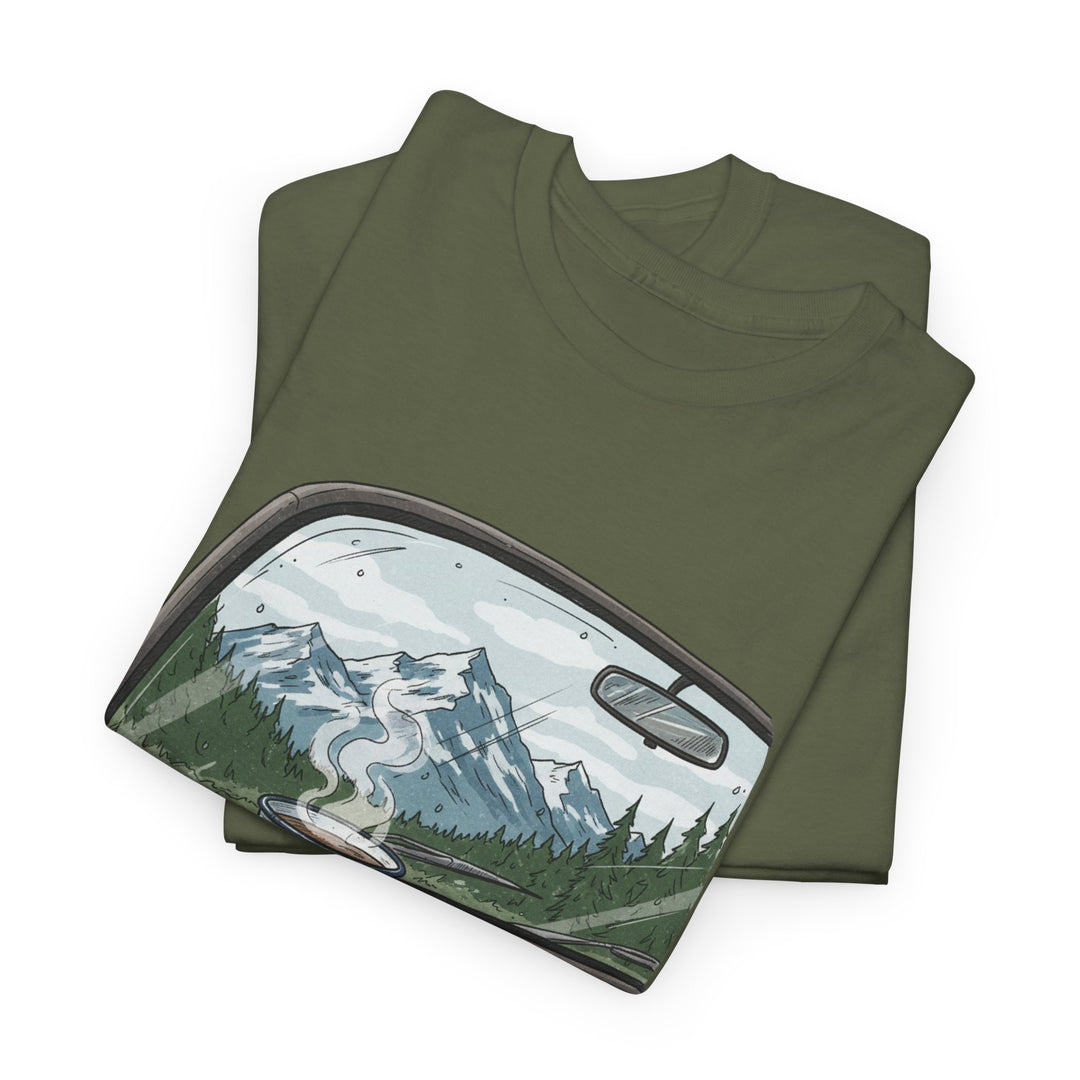 Van Roadtrip View T-Shirt featuring a scenic travel-inspired design. Soft cotton comfort perfect for van life, road trips, and outdoor adventures.