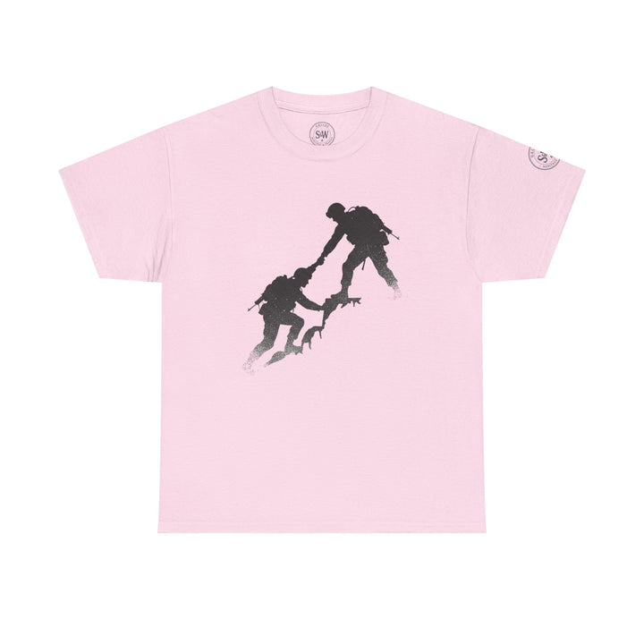 Light pink t-shirt by S&amp;W Gallus, featuring a graphic silhouette of two soldiers helping each other climb.