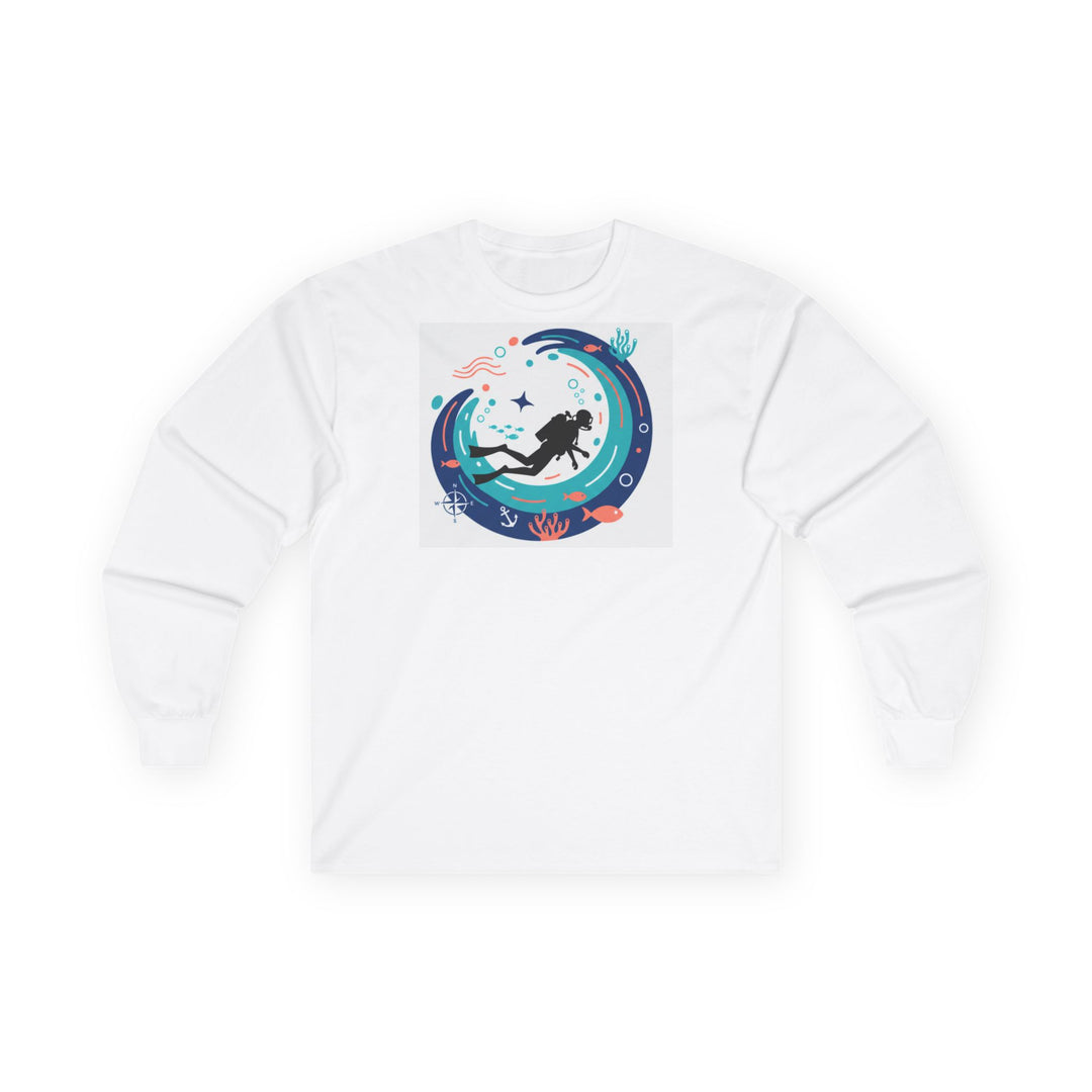 White long sleeve tee by S&amp;W Gallus with a circular diver in wave graphic on the front.