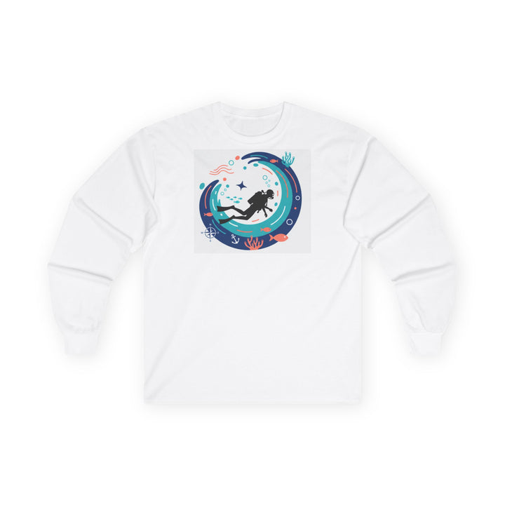 White long sleeve tee by S&amp;W Gallus with a circular diver in wave graphic on the front.