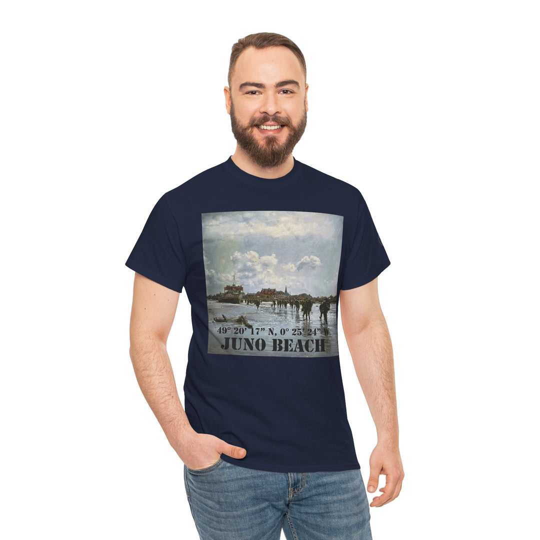 Navy t-shirt by Veteran owned, featuring a Juno Beach image and coordinates, worn with jeans.
