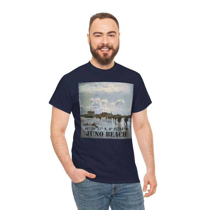 Navy t-shirt by Veteran owned, featuring a Juno Beach image and coordinates, worn with jeans.