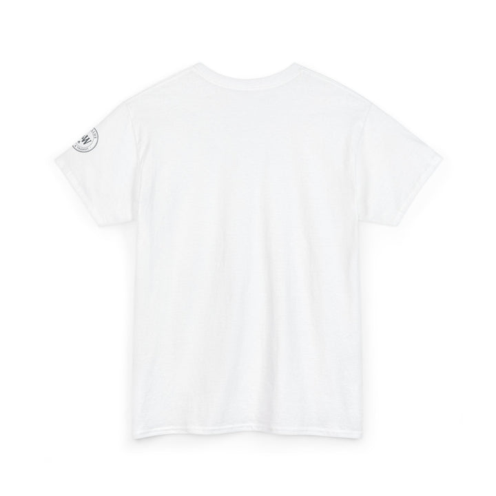 White t-shirt by S&amp;W Gallus featuring a Supermarine Spitfire blueprint design on the upper left corner.