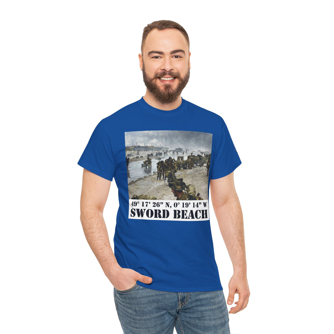 Blue Sword Beach coordinates t-shirt by Veteran owned, featuring a D-Day Normandy Landing military history design, with jeans and smiling man.
