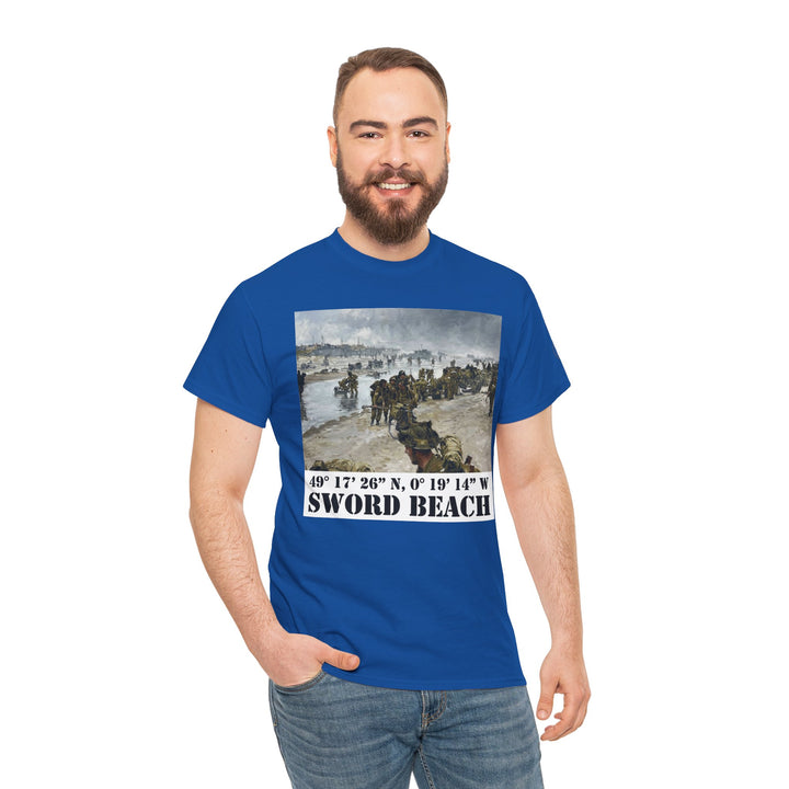 Blue Sword Beach coordinates t-shirt by Veteran owned, featuring a D-Day Normandy Landing military history design, with jeans and smiling man.
