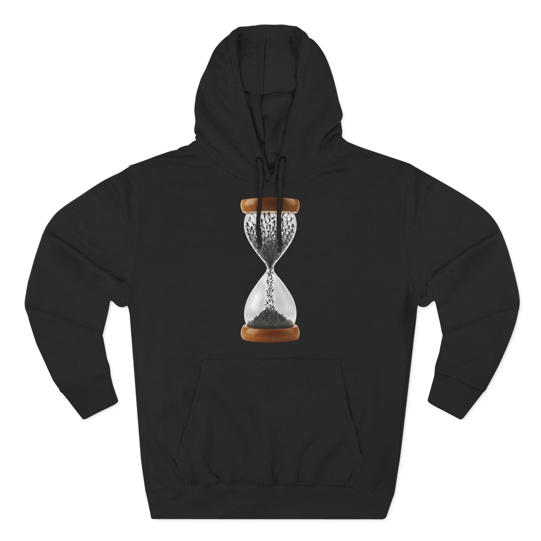 Black hoodie by S&amp;W Gallus with an hourglass graphic in the center, featuring human figures instead of sand.