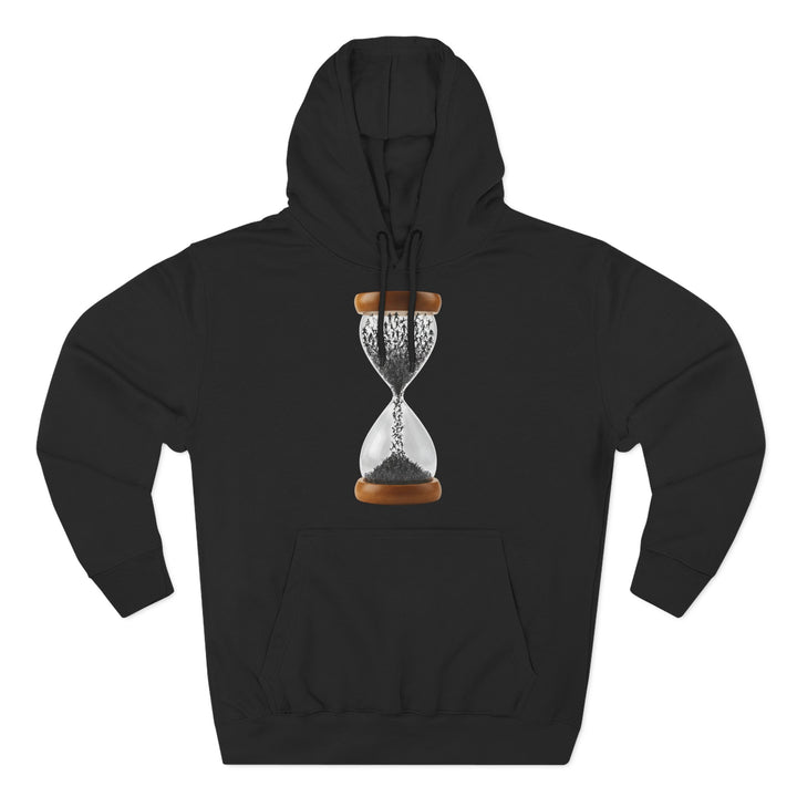 Black hoodie by S&amp;W Gallus with an hourglass graphic in the center, featuring human figures instead of sand.