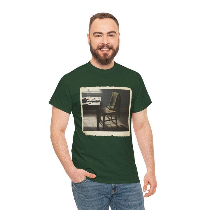 Green t-shirt by S&amp;W Gallus, featuring a vintage-style photo of a chair and table.