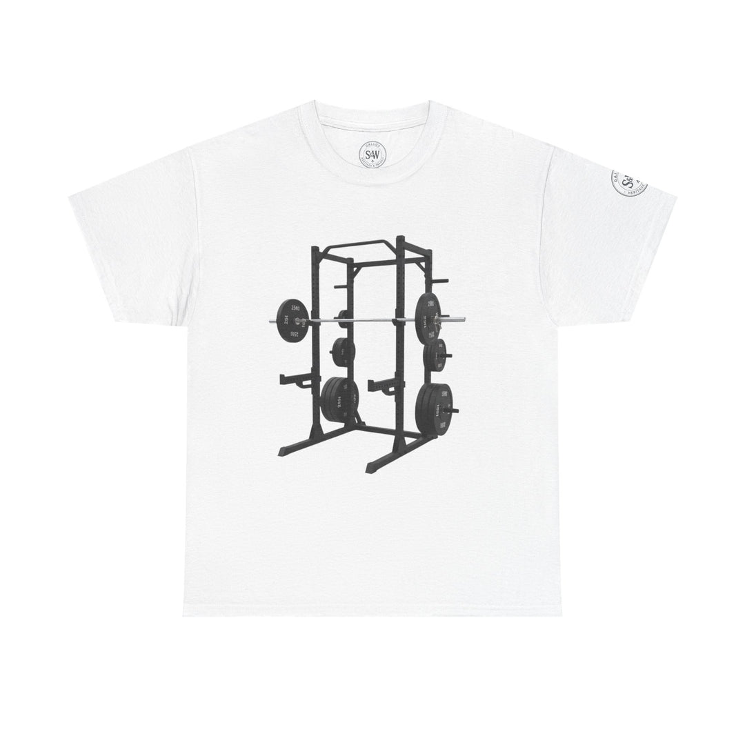 White t-shirt by S&amp;W Gallus with a black power rack and weights printed on the front.