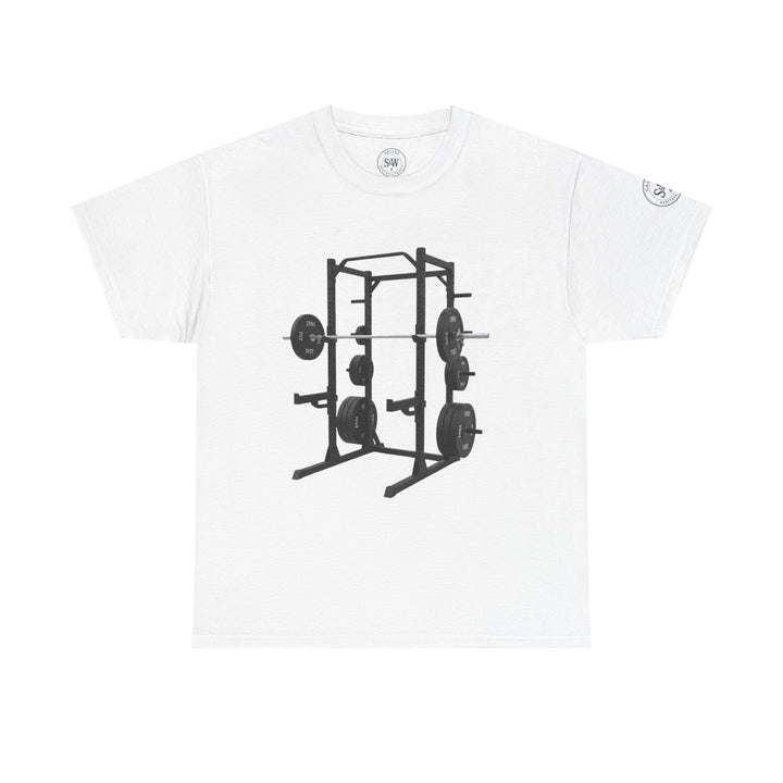 White t-shirt by S&amp;W Gallus with a black power rack and weights printed on the front.