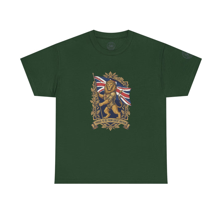 Forest green t-shirt by S&amp;W Gallus featuring a British lion crest with the Union Jack flag and "Proud to be from Great Britain" text.