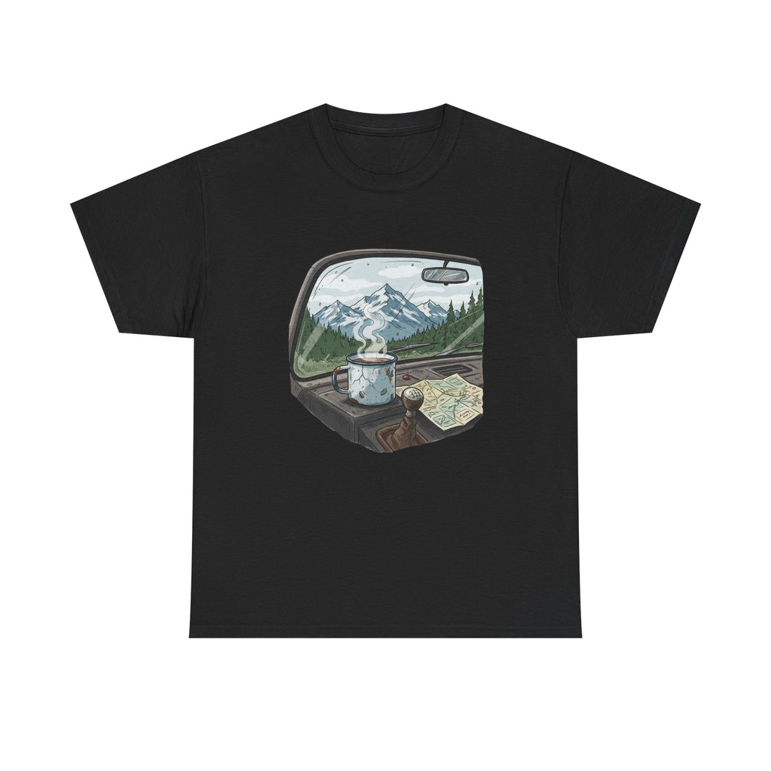Van Roadtrip View T-Shirt featuring a scenic travel-inspired design. Soft cotton comfort perfect for van life, road trips, and outdoor adventures.