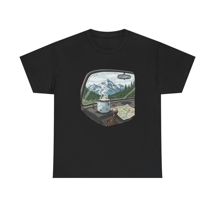 Van Roadtrip View T-Shirt featuring a scenic travel-inspired design. Soft cotton comfort perfect for van life, road trips, and outdoor adventures.