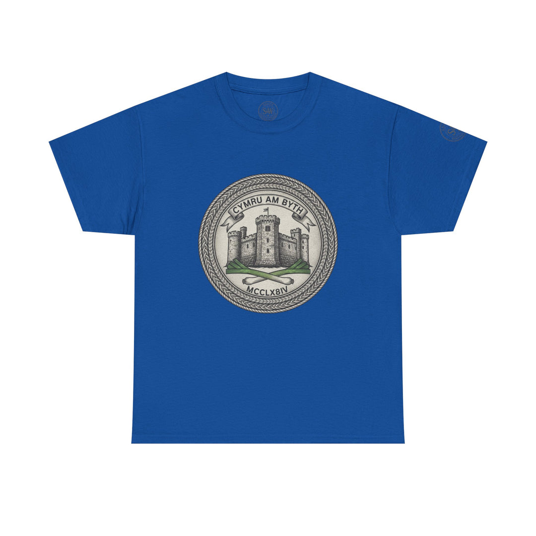 Blue t-shirt by S&amp;W Gallus featuring a central circular crest with a castle and Welsh text.
