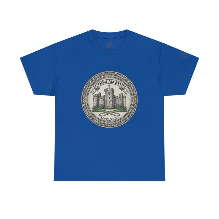 Blue t-shirt by S&amp;W Gallus featuring a central circular crest with a castle and Welsh text.