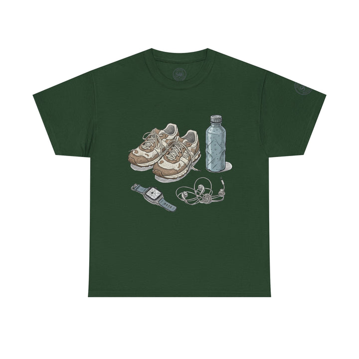 Green t-shirt by S&amp;W Gallus featuring running shoes, water bottle, watch, and earbuds graphic.