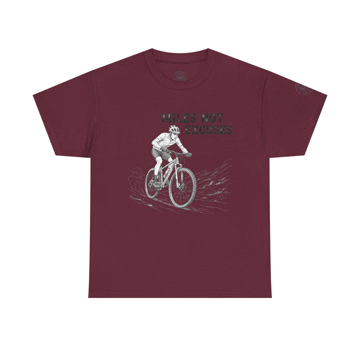 Maroon tee shirt by S&amp;W Gallus with a cyclist graphic and "Miles Not Excuses" text.