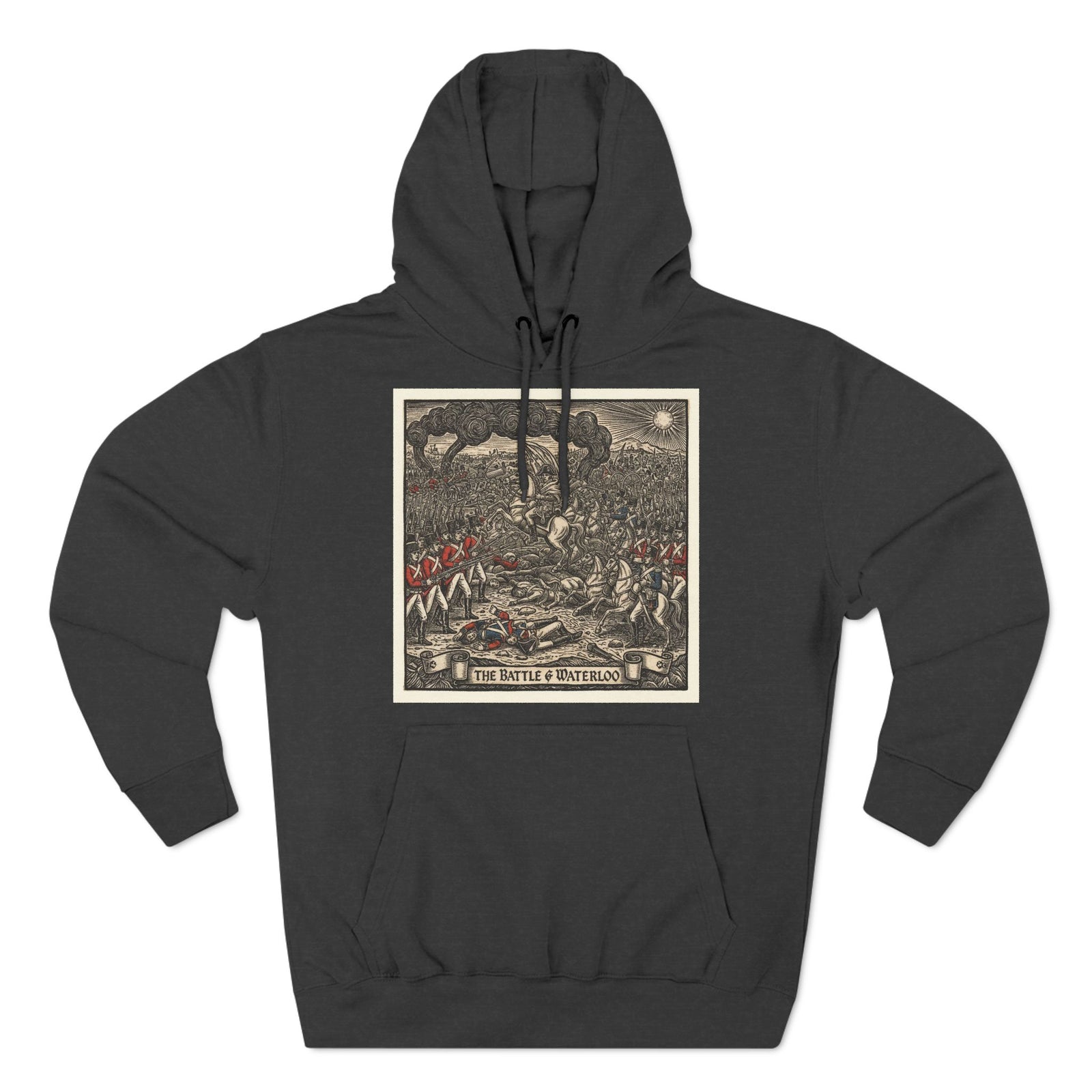 Gray hoodie by S&W Gallus featuring the "Battle of Waterloo" graphic print on the front.