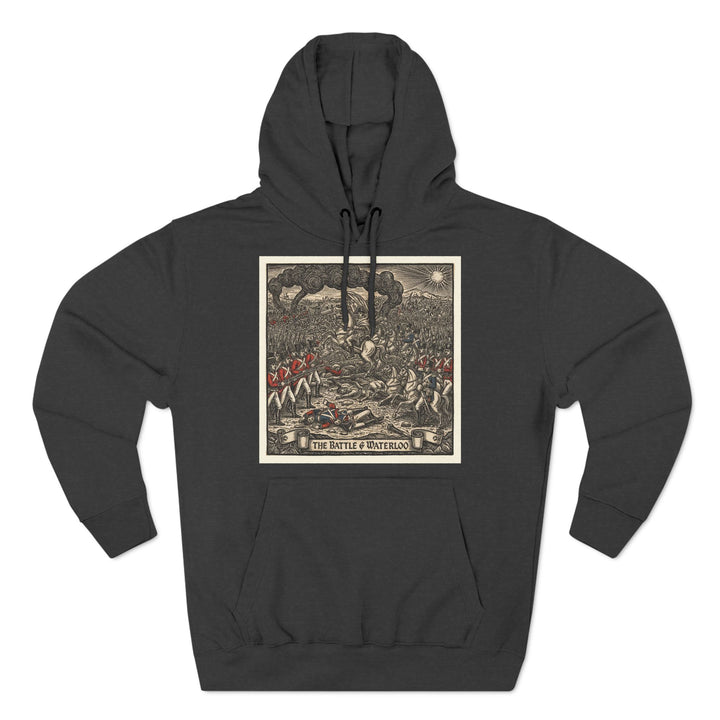 Gray hoodie by S&amp;W Gallus featuring the "Battle of Waterloo" graphic print on the front.