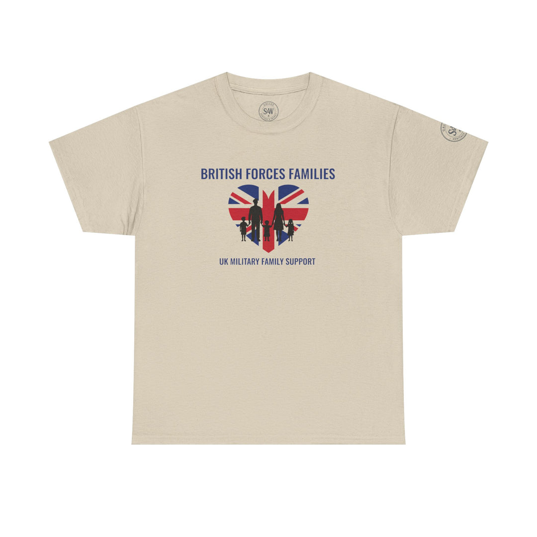 Beige Military Family Support T-shirt by S&amp;W Gallus with a British flag heart and family silhouette design.