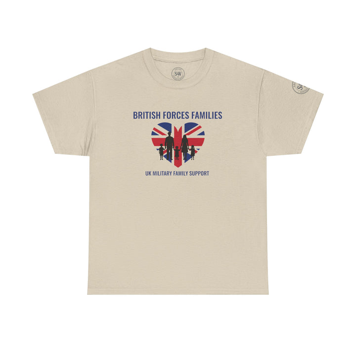 Beige Military Family Support T-shirt by S&amp;W Gallus with a British flag heart and family silhouette design.