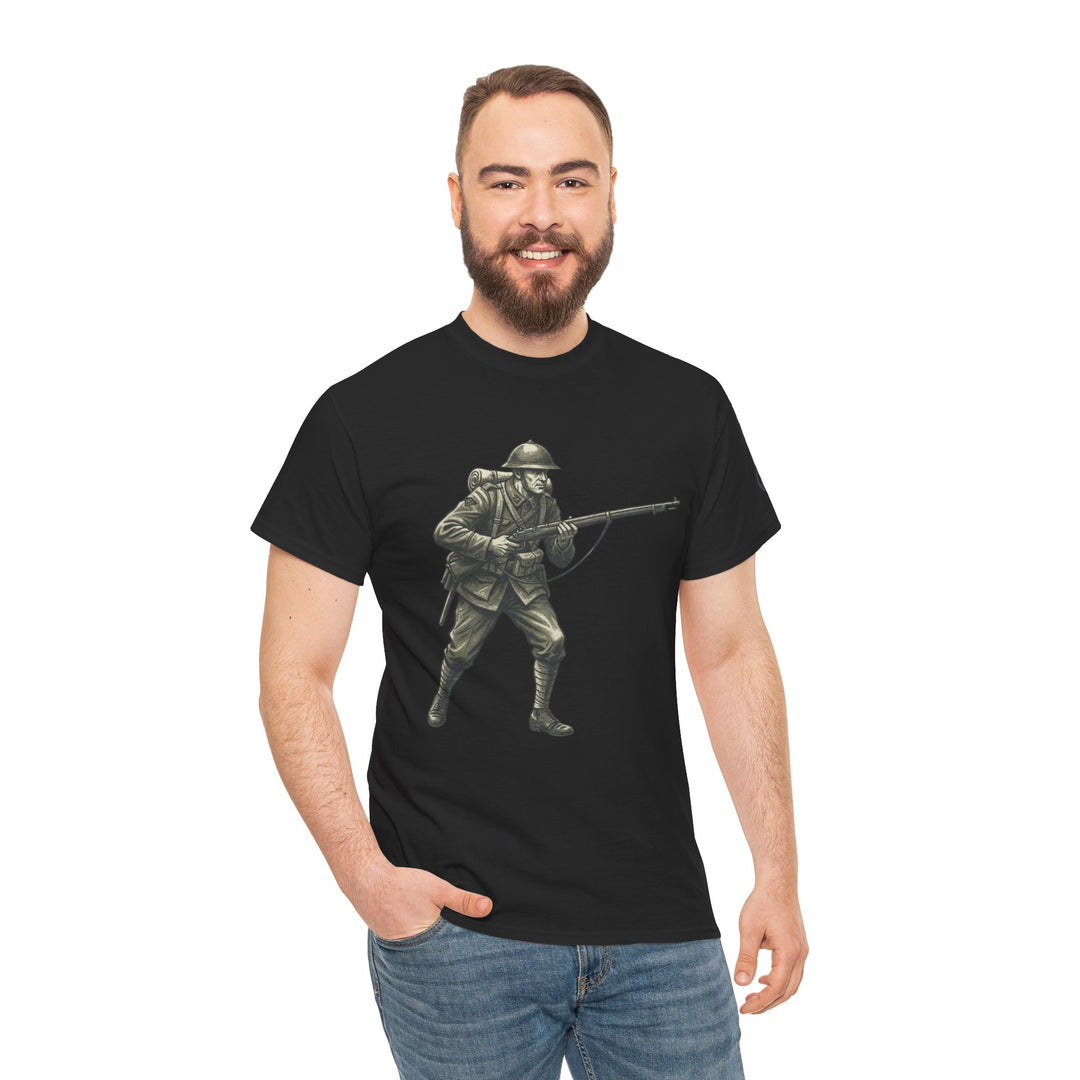 Black graphic t-shirt by S&amp;W Gallus featuring a vintage World War I soldier illustration, worn with jeans.