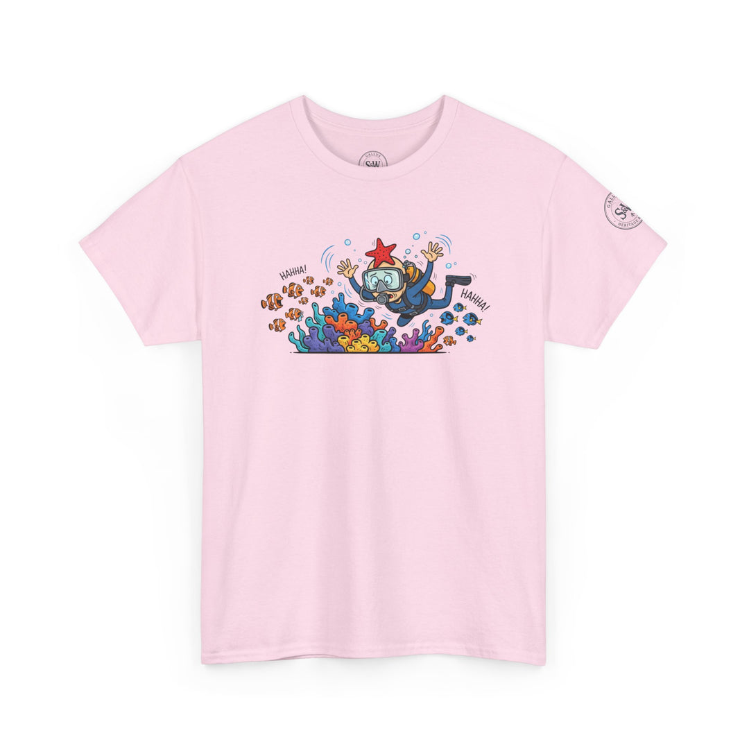 Pink t-shirt by S&amp;W Gallus featuring a cartoon drawing of a diver and coral reef.