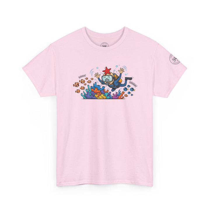 Pink t-shirt by S&amp;W Gallus featuring a cartoon drawing of a diver and coral reef.