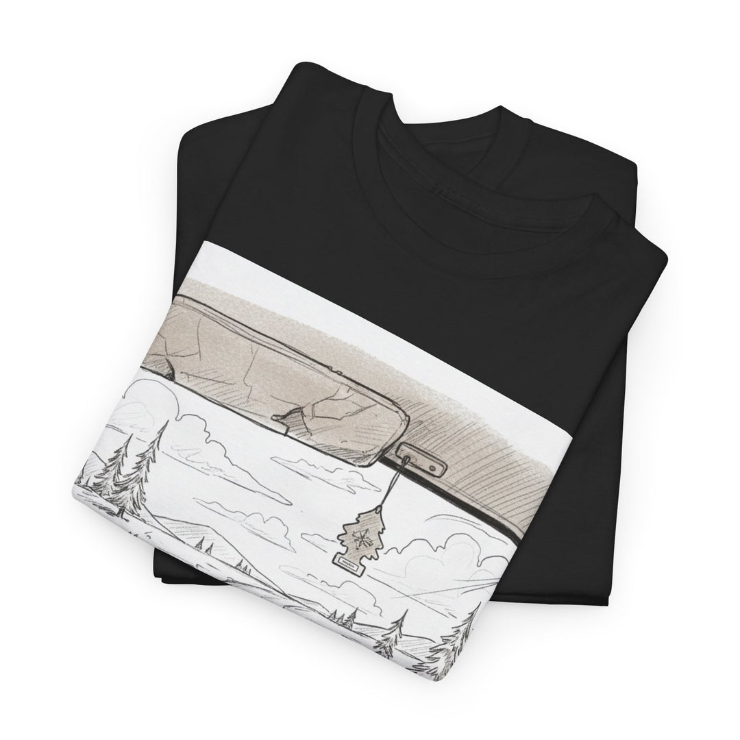 Scenic Drive Van Illustration Tee – soft cotton with a detailed van and landscape design. Perfect for road trips, outdoor adventures, and casual wear.