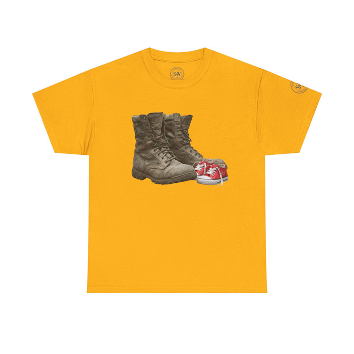Yellow T-shirt by S&amp;W Gallus featuring a graphic print of military boots next to baby shoes.