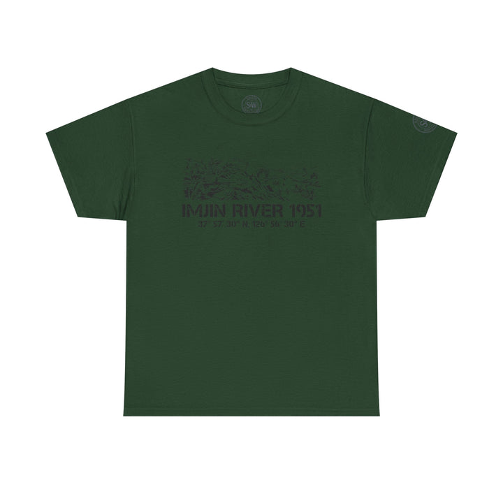 Green Imjin River 1951 tee by S&amp;W Gallus featuring a historical Korean War design, latitude/longitude coordinates, and a casual fit.
