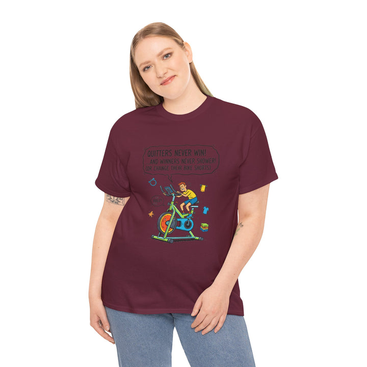 Spin Motivational Tee – soft, breathable cotton featuring an inspiring cycling graphic. Perfect for spin classes, workouts, and active lifestyle wear.